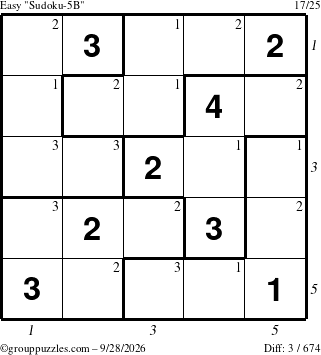 The grouppuzzles.com Easy Sudoku-5B puzzle for Monday September 28, 2026 with all 3 steps marked