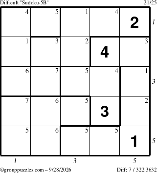 The grouppuzzles.com Difficult Sudoku-5B puzzle for Monday September 28, 2026, suitable for printing, with all 7 steps marked