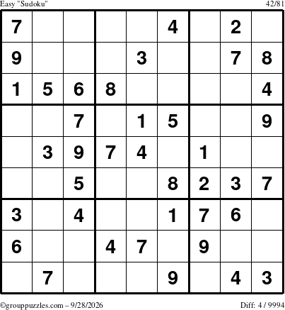 The grouppuzzles.com Easy Sudoku puzzle for Monday September 28, 2026