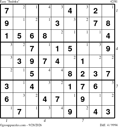 The grouppuzzles.com Easy Sudoku puzzle for Monday September 28, 2026 with all 4 steps marked