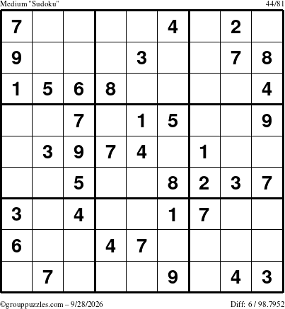 The grouppuzzles.com Medium Sudoku puzzle for Monday September 28, 2026