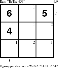 The grouppuzzles.com Easy TicTac-456 puzzle for Monday September 28, 2026 with all 2 steps marked