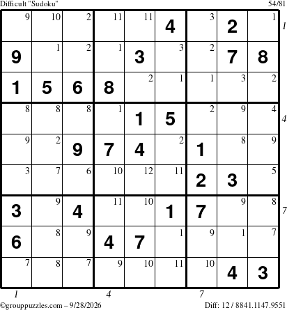 The grouppuzzles.com Difficult Sudoku puzzle for Monday September 28, 2026, suitable for printing, with all 12 steps marked
