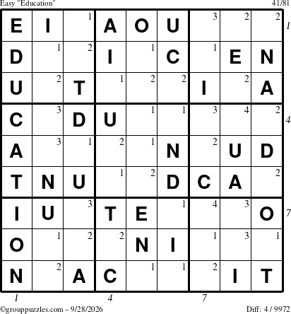 The grouppuzzles.com Easy Education-c1 puzzle for Monday September 28, 2026 with all 4 steps marked