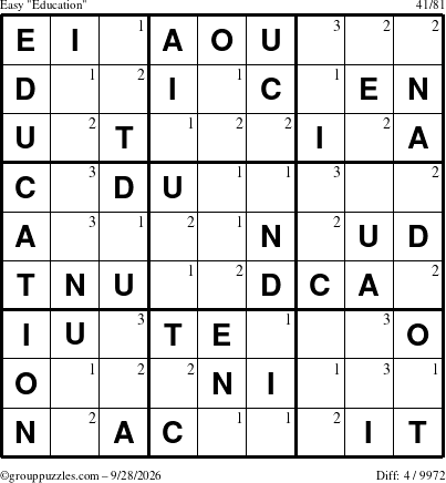 The grouppuzzles.com Easy Education-c1 puzzle for Monday September 28, 2026 with the first 3 steps marked