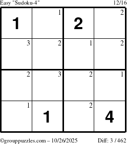 The grouppuzzles.com Easy Sudoku-4 puzzle for Sunday October 26, 2025 with the first 3 steps marked