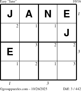 The grouppuzzles.com Easy Jane puzzle for Sunday October 26, 2025, suitable for printing, with all 3 steps marked