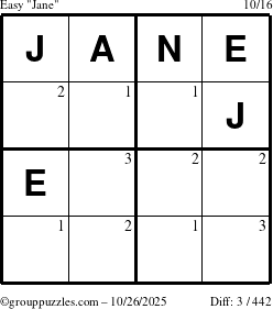 The grouppuzzles.com Easy Jane puzzle for Sunday October 26, 2025 with the first 3 steps marked
