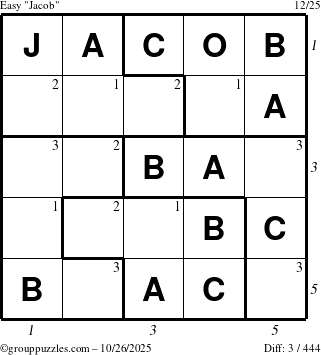 The grouppuzzles.com Easy Jacob puzzle for Sunday October 26, 2025 with all 3 steps marked