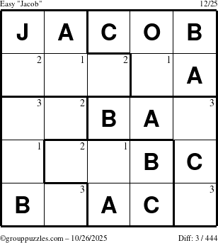 The grouppuzzles.com Easy Jacob puzzle for Sunday October 26, 2025 with the first 3 steps marked