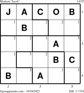 The grouppuzzles.com Medium Jacob puzzle for Sunday October 26, 2025 with all 3 steps marked