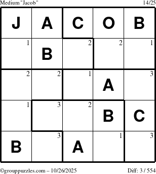 The grouppuzzles.com Medium Jacob puzzle for Sunday October 26, 2025 with the first 3 steps marked