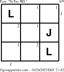 The grouppuzzles.com Easy TicTac-JKL puzzle for Sunday October 26, 2025, suitable for printing, with all 2 steps marked