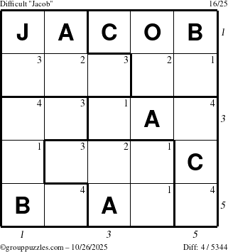 The grouppuzzles.com Difficult Jacob puzzle for Sunday October 26, 2025, suitable for printing, with all 4 steps marked