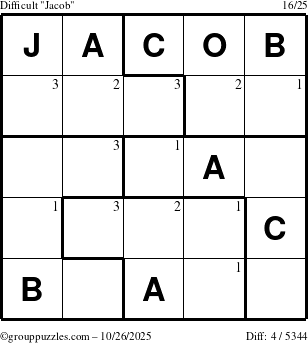 The grouppuzzles.com Difficult Jacob puzzle for Sunday October 26, 2025 with the first 3 steps marked