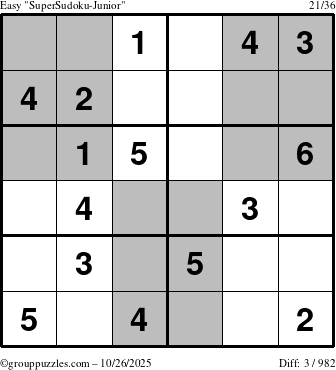 The grouppuzzles.com Easy SuperSudoku-Junior puzzle for Sunday October 26, 2025