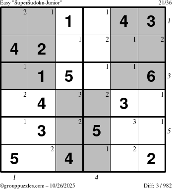 The grouppuzzles.com Easy SuperSudoku-Junior puzzle for Sunday October 26, 2025, suitable for printing, with all 3 steps marked