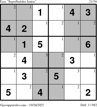 The grouppuzzles.com Easy SuperSudoku-Junior puzzle for Sunday October 26, 2025 with the first 3 steps marked