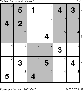 The grouppuzzles.com Medium SuperSudoku-Junior puzzle for Sunday October 26, 2025 with all 5 steps marked