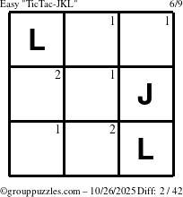 The grouppuzzles.com Easy TicTac-JKL puzzle for Sunday October 26, 2025 with the first 2 steps marked