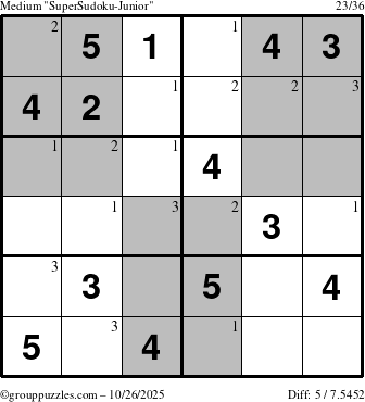The grouppuzzles.com Medium SuperSudoku-Junior puzzle for Sunday October 26, 2025 with the first 3 steps marked