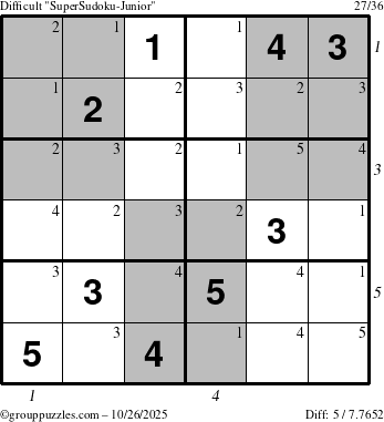 The grouppuzzles.com Difficult SuperSudoku-Junior puzzle for Sunday October 26, 2025 with all 5 steps marked