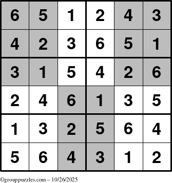 The grouppuzzles.com Answer grid for the SuperSudoku-Junior puzzle for Sunday October 26, 2025