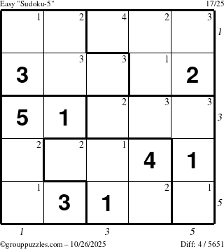 The grouppuzzles.com Easy Sudoku-5 puzzle for Sunday October 26, 2025 with all 4 steps marked