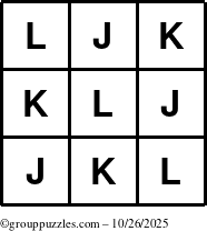 The grouppuzzles.com Answer grid for the TicTac-JKL puzzle for Sunday October 26, 2025