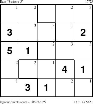 The grouppuzzles.com Easy Sudoku-5 puzzle for Sunday October 26, 2025 with the first 3 steps marked