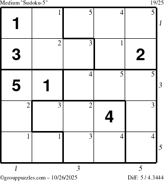 The grouppuzzles.com Medium Sudoku-5 puzzle for Sunday October 26, 2025 with all 5 steps marked