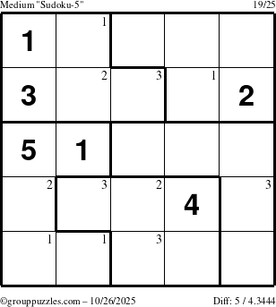 The grouppuzzles.com Medium Sudoku-5 puzzle for Sunday October 26, 2025 with the first 3 steps marked