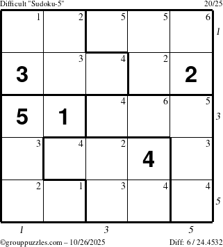 The grouppuzzles.com Difficult Sudoku-5 puzzle for Sunday October 26, 2025, suitable for printing, with all 6 steps marked