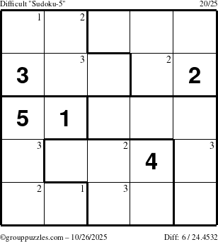 The grouppuzzles.com Difficult Sudoku-5 puzzle for Sunday October 26, 2025 with the first 3 steps marked