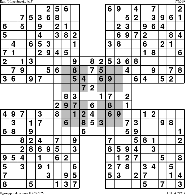 The grouppuzzles.com Easy HyperSudoku-by5 puzzle for Sunday October 26, 2025