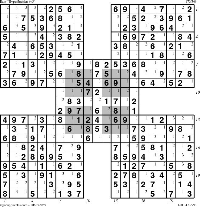 The grouppuzzles.com Easy HyperSudoku-by5 puzzle for Sunday October 26, 2025 with all 4 steps marked