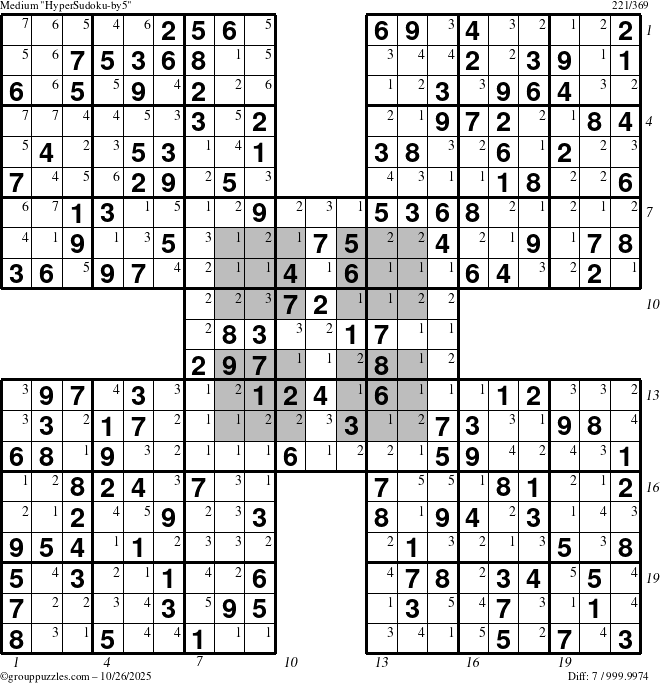 The grouppuzzles.com Medium HyperSudoku-by5 puzzle for Sunday October 26, 2025 with all 7 steps marked