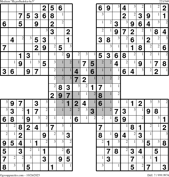 The grouppuzzles.com Medium HyperSudoku-by5 puzzle for Sunday October 26, 2025 with the first 3 steps marked