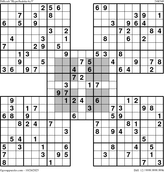 The grouppuzzles.com Difficult HyperSudoku-by5 puzzle for Sunday October 26, 2025