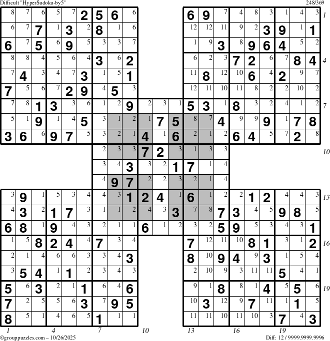 The grouppuzzles.com Difficult HyperSudoku-by5 puzzle for Sunday October 26, 2025, suitable for printing, with all 12 steps marked