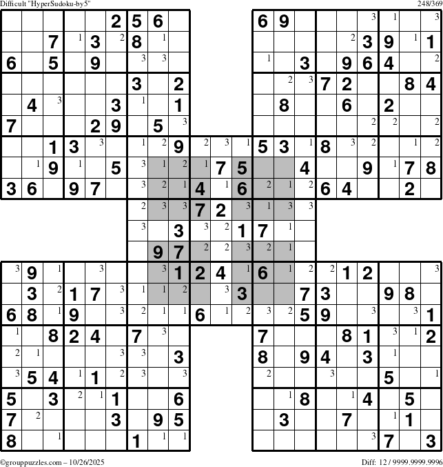 The grouppuzzles.com Difficult HyperSudoku-by5 puzzle for Sunday October 26, 2025 with the first 3 steps marked
