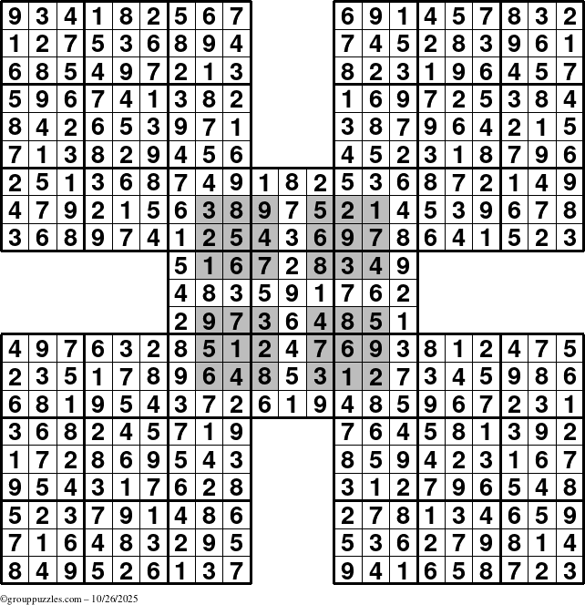The grouppuzzles.com Answer grid for the HyperSudoku-by5 puzzle for Sunday October 26, 2025