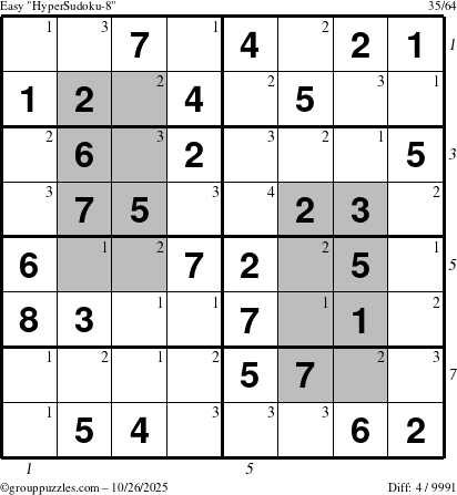 The grouppuzzles.com Easy HyperSudoku-8 puzzle for Sunday October 26, 2025 with all 4 steps marked