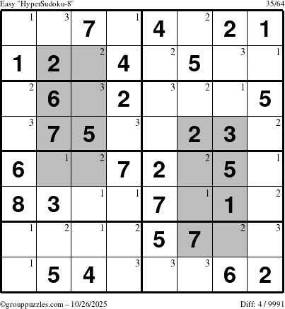 The grouppuzzles.com Easy HyperSudoku-8 puzzle for Sunday October 26, 2025 with the first 3 steps marked