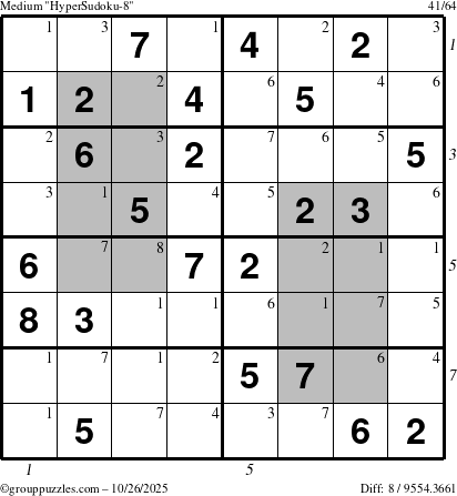 The grouppuzzles.com Medium HyperSudoku-8 puzzle for Sunday October 26, 2025, suitable for printing, with all 8 steps marked