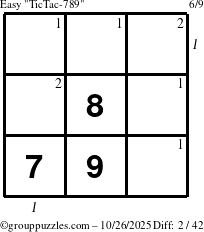 The grouppuzzles.com Easy TicTac-789 puzzle for Sunday October 26, 2025, suitable for printing, with all 2 steps marked