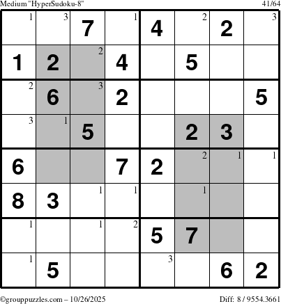 The grouppuzzles.com Medium HyperSudoku-8 puzzle for Sunday October 26, 2025 with the first 3 steps marked