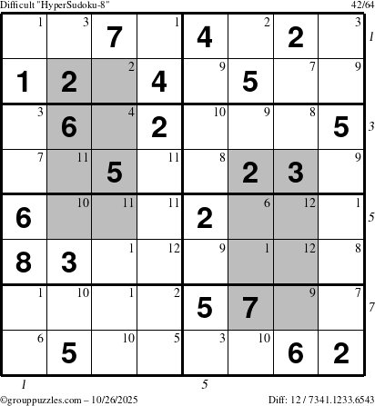 The grouppuzzles.com Difficult HyperSudoku-8 puzzle for Sunday October 26, 2025 with all 12 steps marked