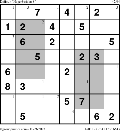 The grouppuzzles.com Difficult HyperSudoku-8 puzzle for Sunday October 26, 2025 with the first 3 steps marked