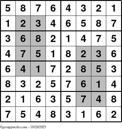 The grouppuzzles.com Answer grid for the HyperSudoku-8 puzzle for Sunday October 26, 2025